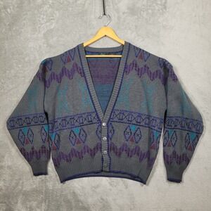 Vintage Melange Geometric Cardigan Sweater Mens XL Gray Purple Teal Acrylic 90s